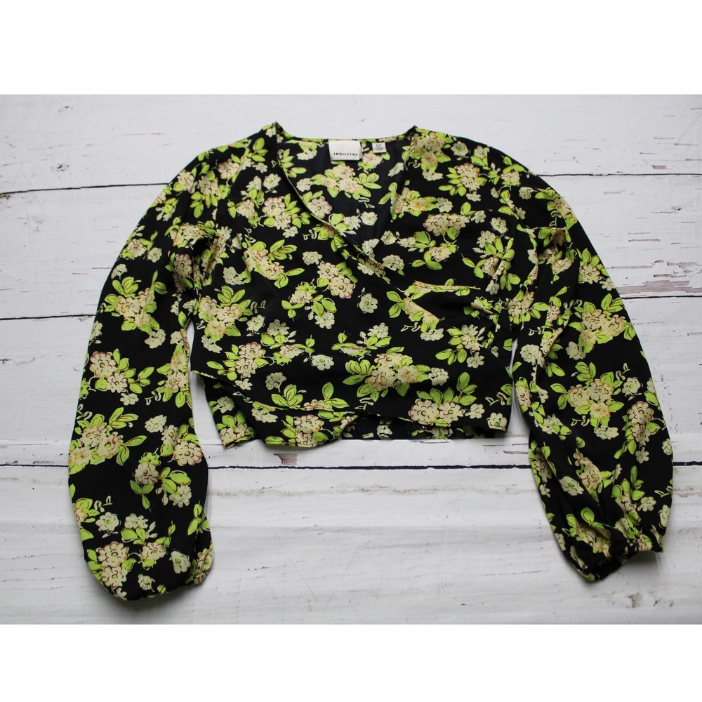 INDUSTRY Floral Wrap Cropped Blouse Black Lime Green Small Boho